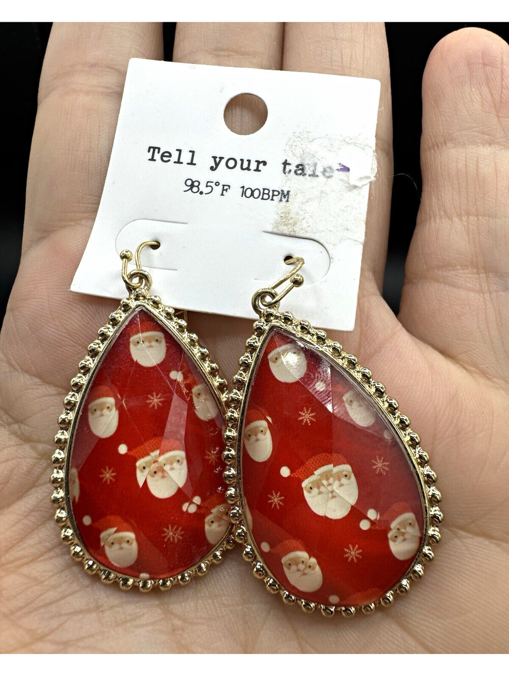 Christmas Santa Teardrop Dangle Drop Earrings Red Gold Tone Hook No Stone NWT